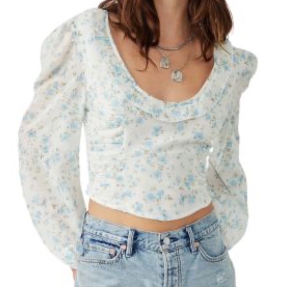 Free People Tops - Free People Ivory Combo Floral Puff Sleeve Crop Blouse NWT Large Cottagecore
